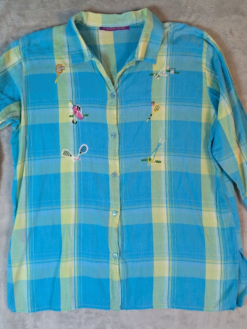 Women's Lightweight Cotton Voile Aqua & Lime Plaid Embroidered Top L Preppy
